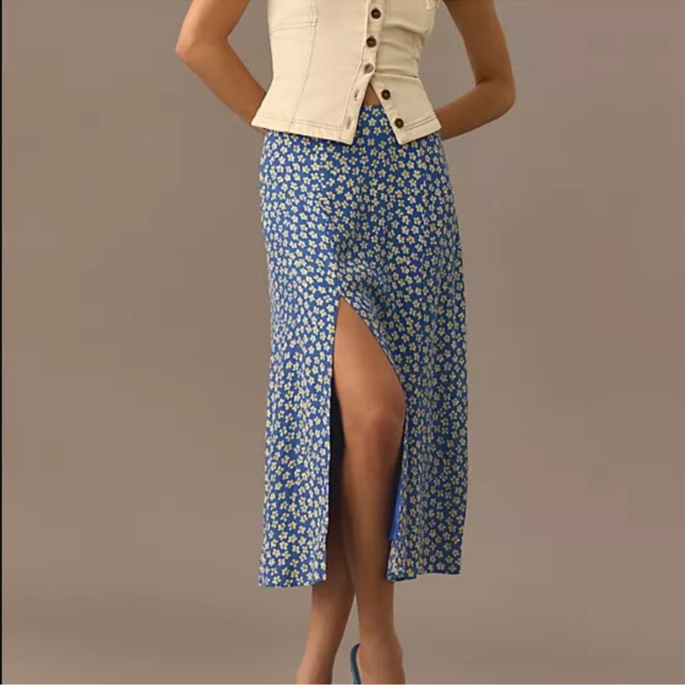 Anthropologie Blue Floral Midi Skirt with Front Slit